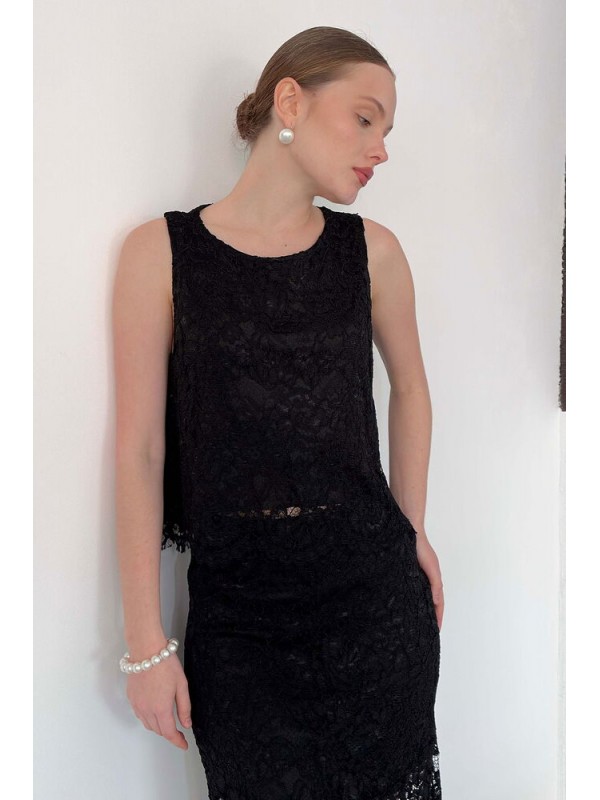 Dantel Kolsuz Bluz - Siyah | D3011 Topshow